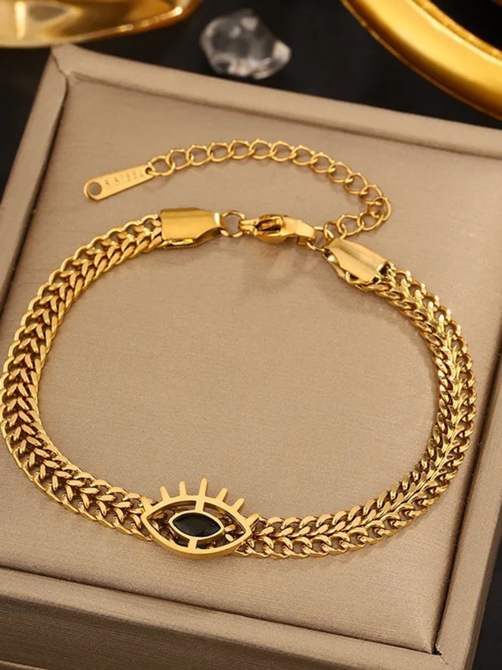 Gold Eye Charm Double Chain Bracelet with Black Center